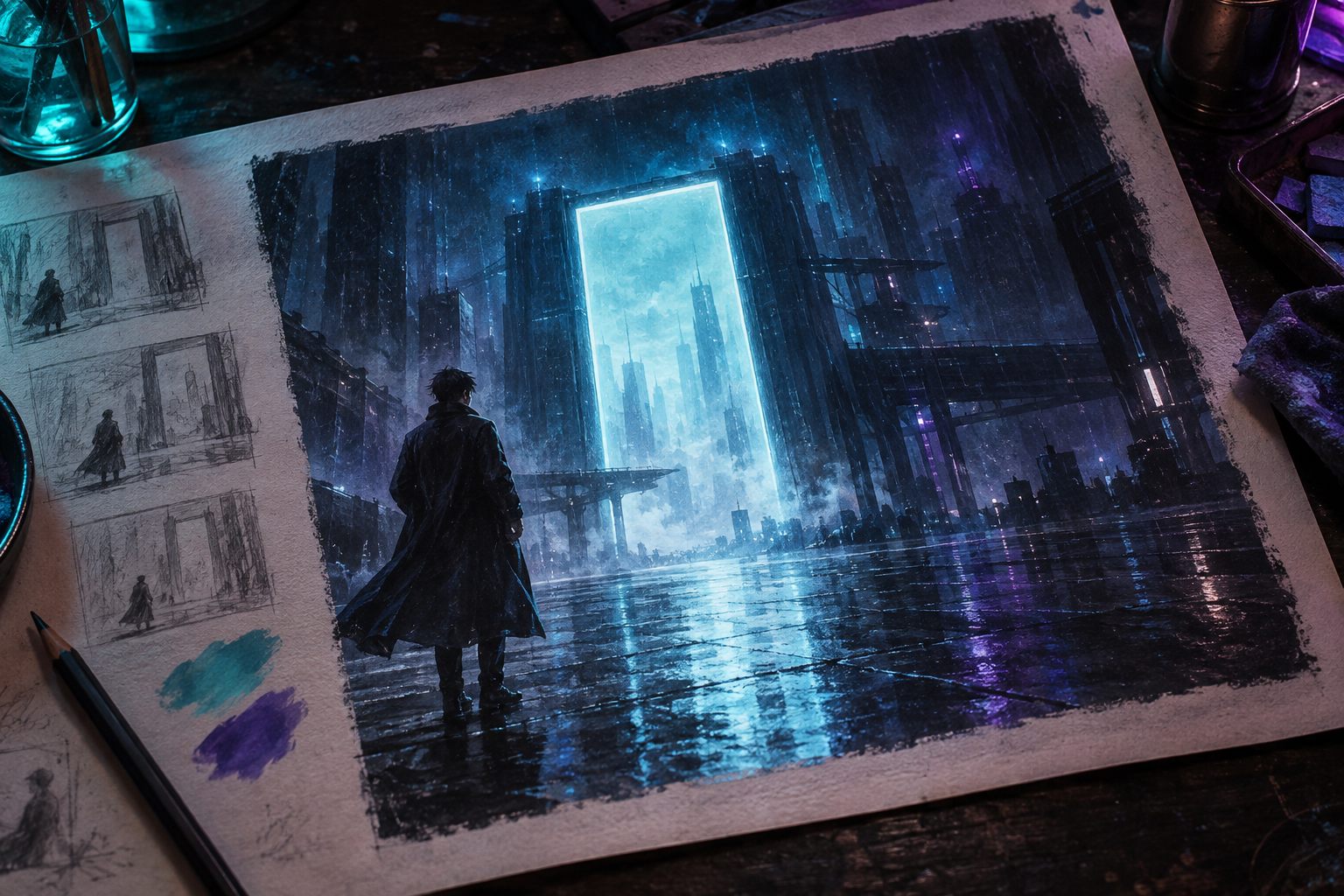 创作者绘制雨夜未来城市与青色光门的概念画面