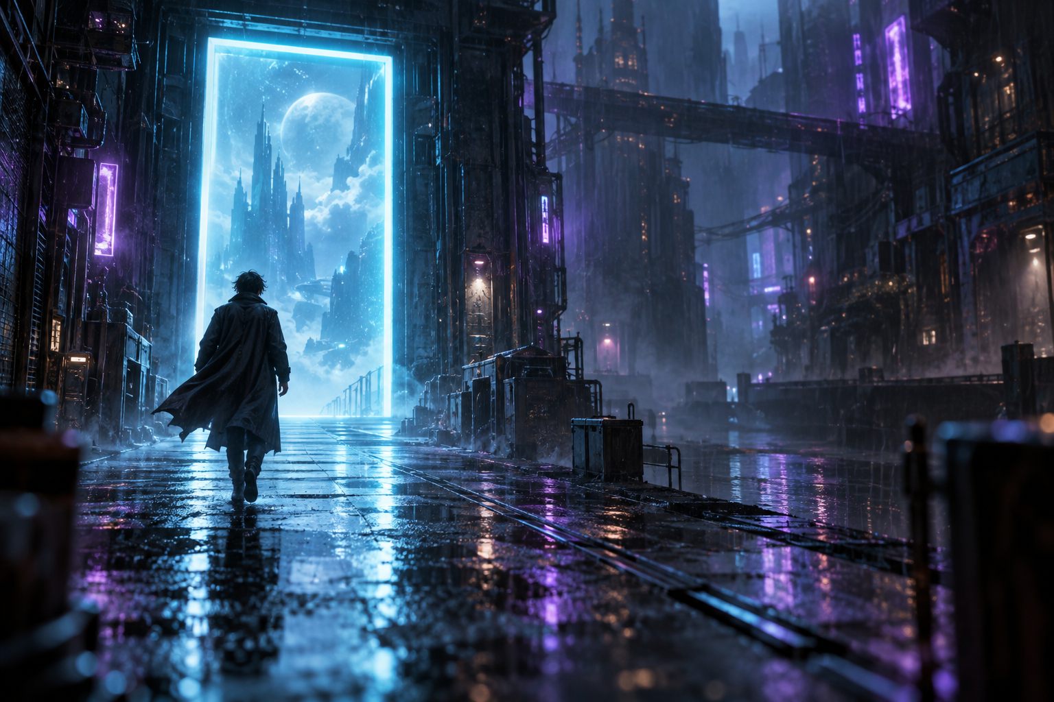 概念成为电影镜头，黑衣创作者走向雨夜城市里的青色光门